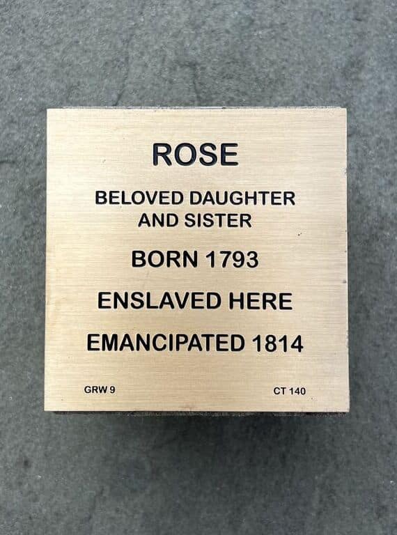 In memory of Rose witness wood stone, birth year, enslavement location, and emancipation.
