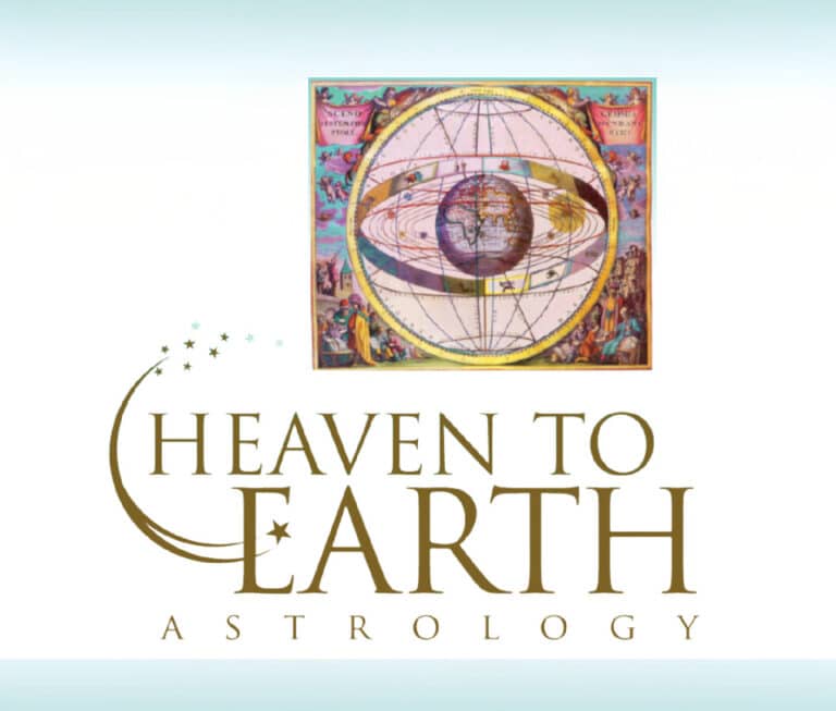 Better Heaven to Earth astrology logo, less hecticness and has white background with light blue bordering and gold letters.