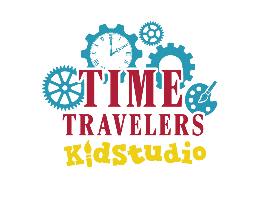 Logo for the Time Travelers Kidstudio with cogs in the background