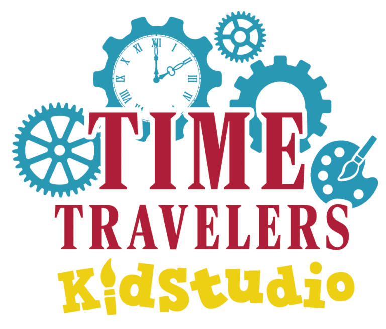 Logo for the Time Travelers Kidstudio with cogs in the background