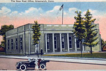 A postcard showing the "New Post Office" on Greenwich Avenue, circa 1917. Photo courtesy of the Greenwich Historical Society.