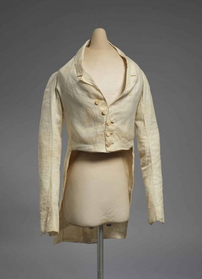 Frock Coat:
Possibly American
c. 1780
Linen, cotton thread, fabric-covered bone or shell buttons
