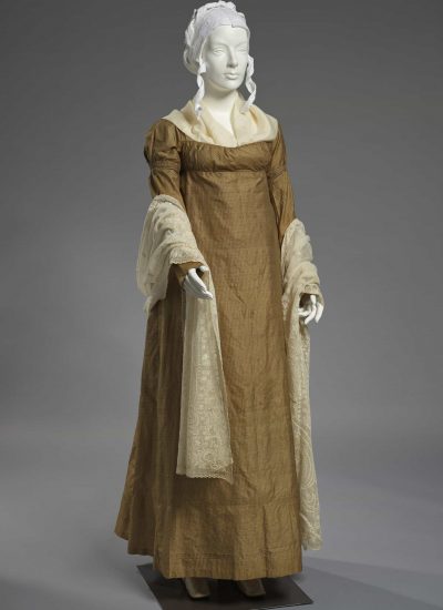 Dress Worn by Jerusha Peck:
American
1800–1805
Silk, linen drawstring
Gift of Oleva Mead