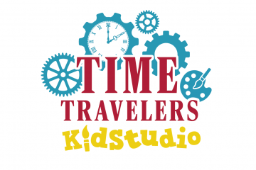 Logo for the Time Travelers Kidstudio with cogs in the background